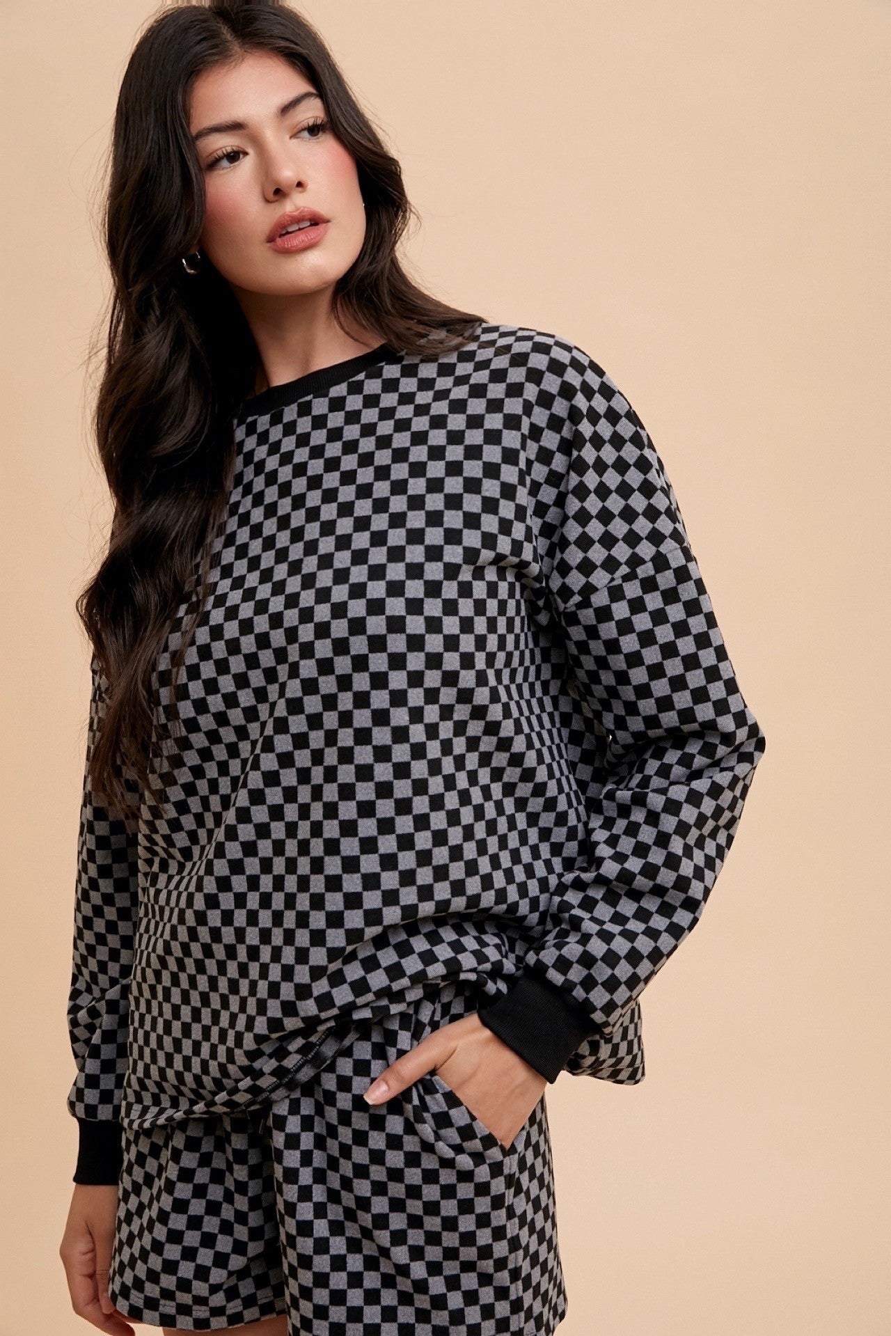 Chickened Round Neck Top and Drawstring Shorts Set