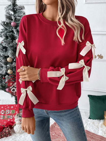 Perfee Bow Round Neck Long Sleeve Sweatshirt