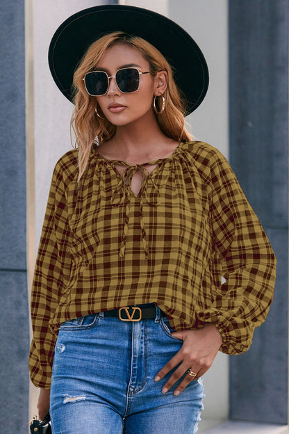 Ivy Lane Plaid Tie Neck Balloon Sleeve Blouse