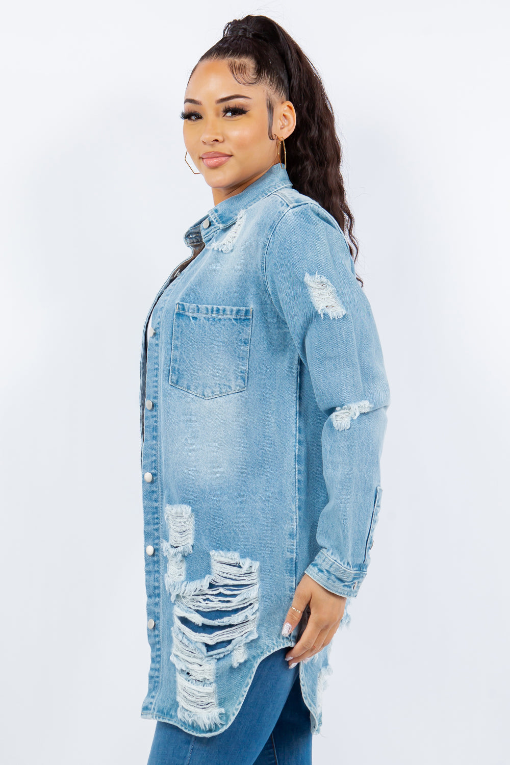 American Bazi Distressed Button Up Long Sleeve Denim Jacket