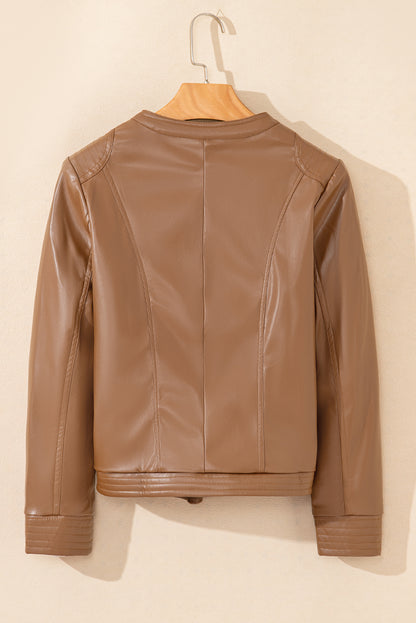 PU Leather Round Neck Long Sleeve Jacket