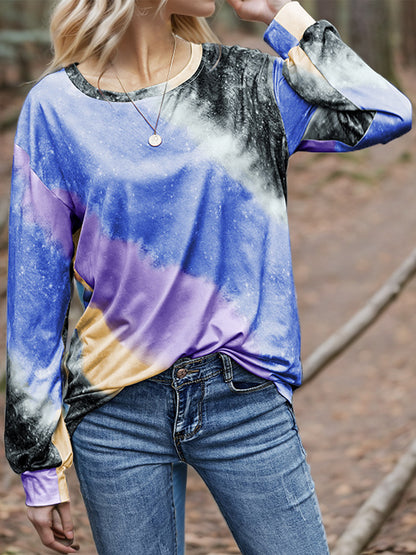 Shiny Printed Round Neck Long Sleeve T-Shirt