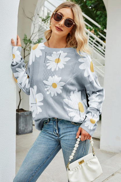 Angel Wings Daisy Print Openwork Round Neck Sweater