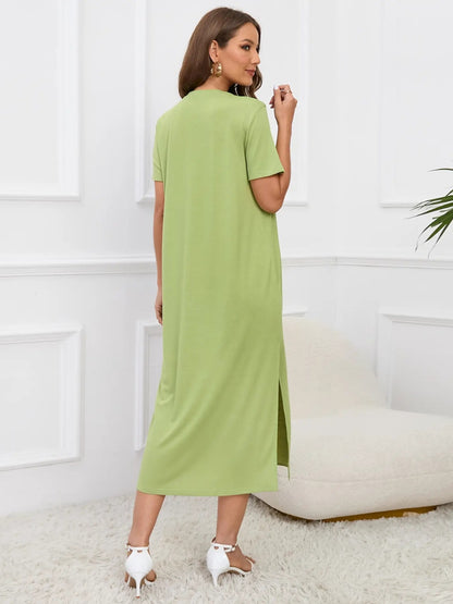 IZURIA Round Neck Short Sleeve Slit Midi Dress