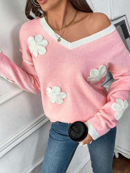 Perfee Flower V-Neck Long Sleeve Sweater