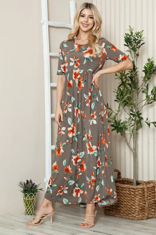 Floral Round Neck Short Sleeve Maxi Tee Dress