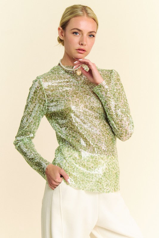 Davi & Dani Sequin Mock Neck Long Sleeve Mesh Top