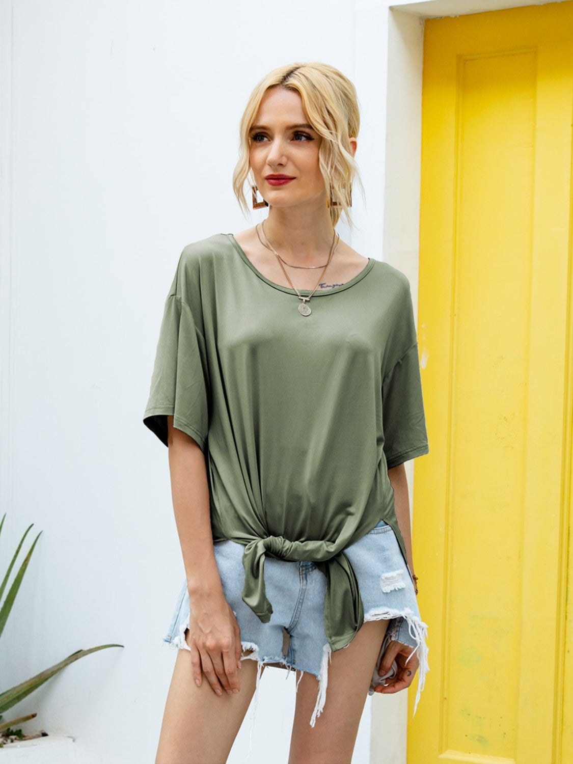 Ivy Lane Slit Boat Neck Half Sleeve T-Shirt