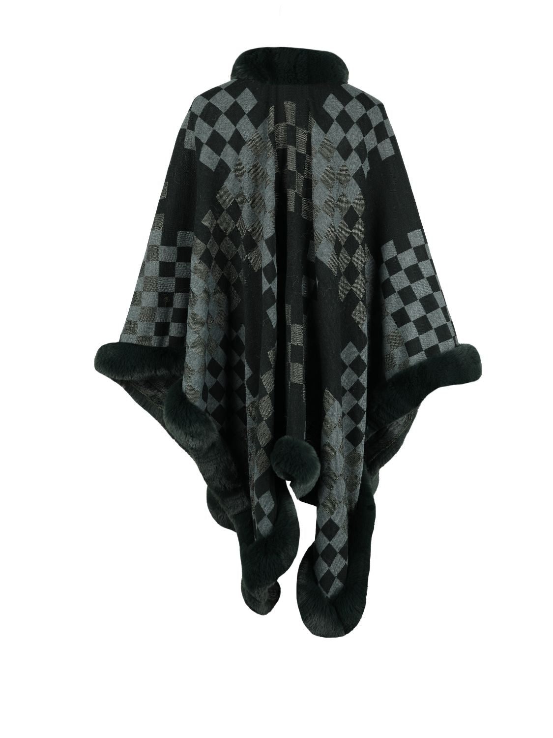 Checkered Faux Fur Trim Poncho