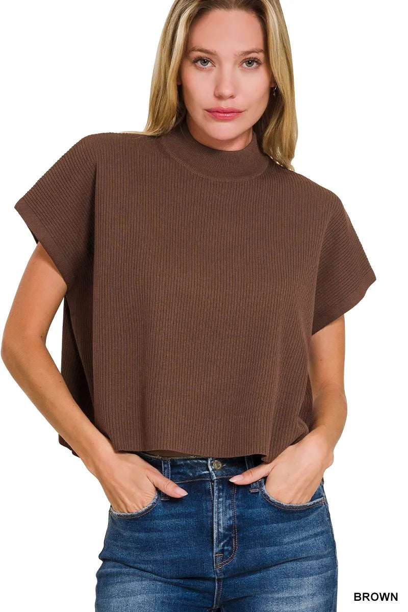 Viscose Mock Neck Short Sleeve Boxy Sweater
