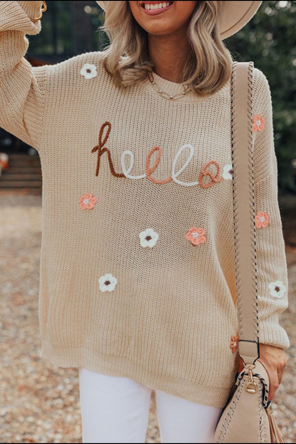 HELLO Flower Round Neck Long Sleeve Sweater