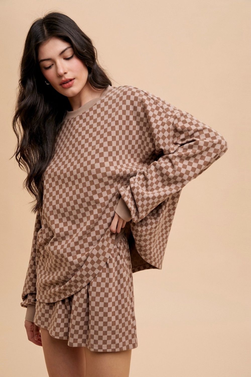 Chickened Round Neck Top and Drawstring Shorts Set