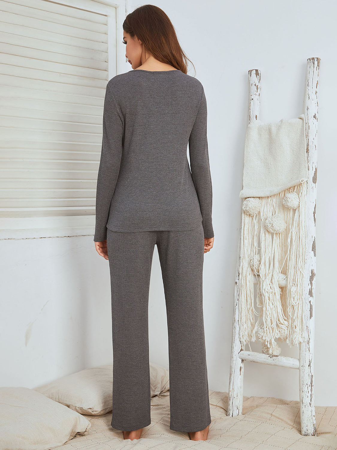 Notched Long Sleeve Top and Pants Set