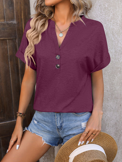 Mandy Notched Buttoned Short Sleeve T-Shirt