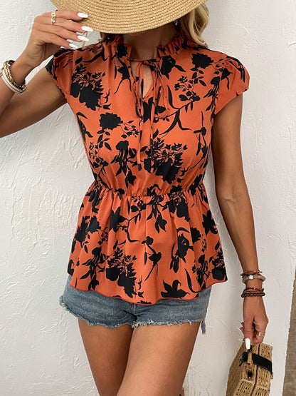 Shiny Printed Tie Neck Cap Sleeve Blouse