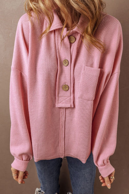 Pocketed Half Button Long Sleeve Sweatshirt