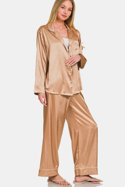 Zenana Satin Long Sleeve Shirt and Pants Pajama Set